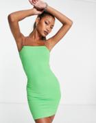 Bershka Diamante Strap Ribbed Mini Dress In Green