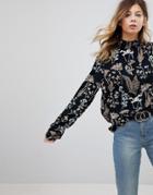 Pieces High Neck Top In Floral Print - Black