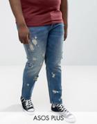 Asos Plus Slim Jeans In Vintage Mid Wash With Rips - Blue