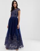 Chi Chi London Premium Lace Embroidered Maxi Prom Dress With Bardot Neck In Navy - Red