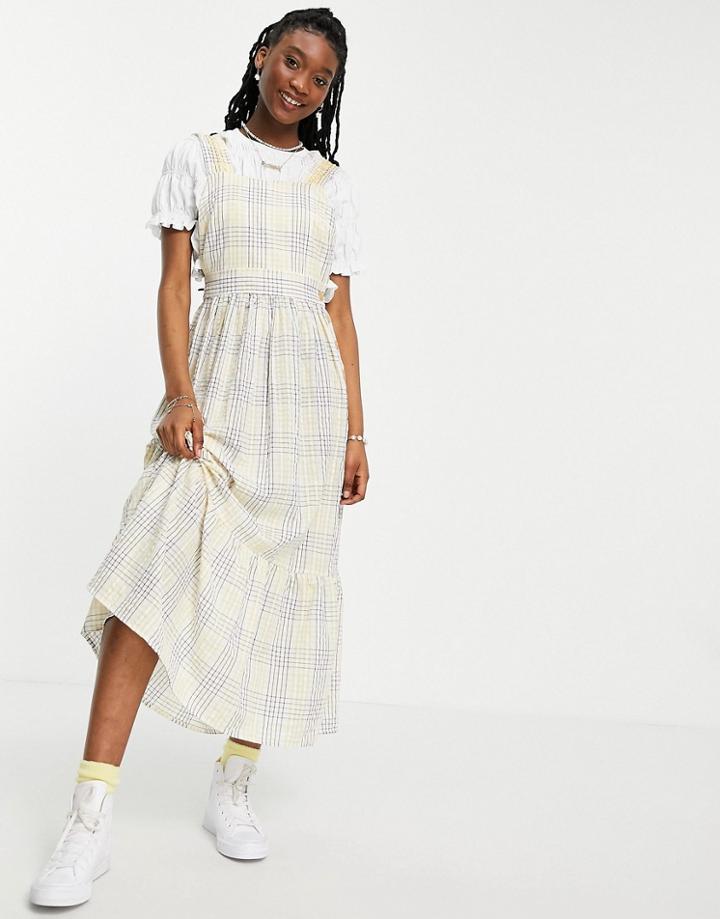Asos Design Overall Midi Sundress With Shirred Straps In Yellow Check Print-multi