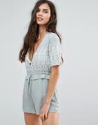 Missguided Frill Waist Embroidered Romper - Blue