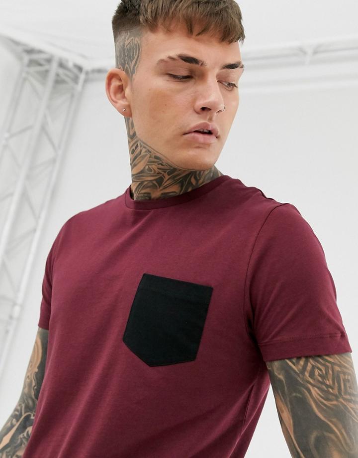 Asos Design T-shirt With Contrast Pocket In Burgundy-red