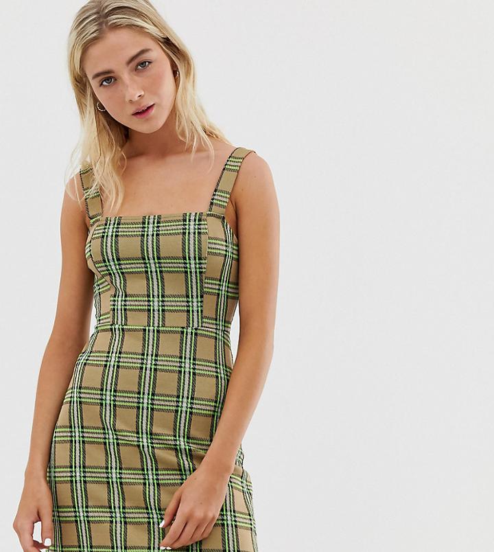 Pull & Bear Mini Dress In Neon Check - Pink