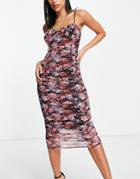 Asos Design Cami Ruched Mesh Midi Dress In Dark Floral Print-multi