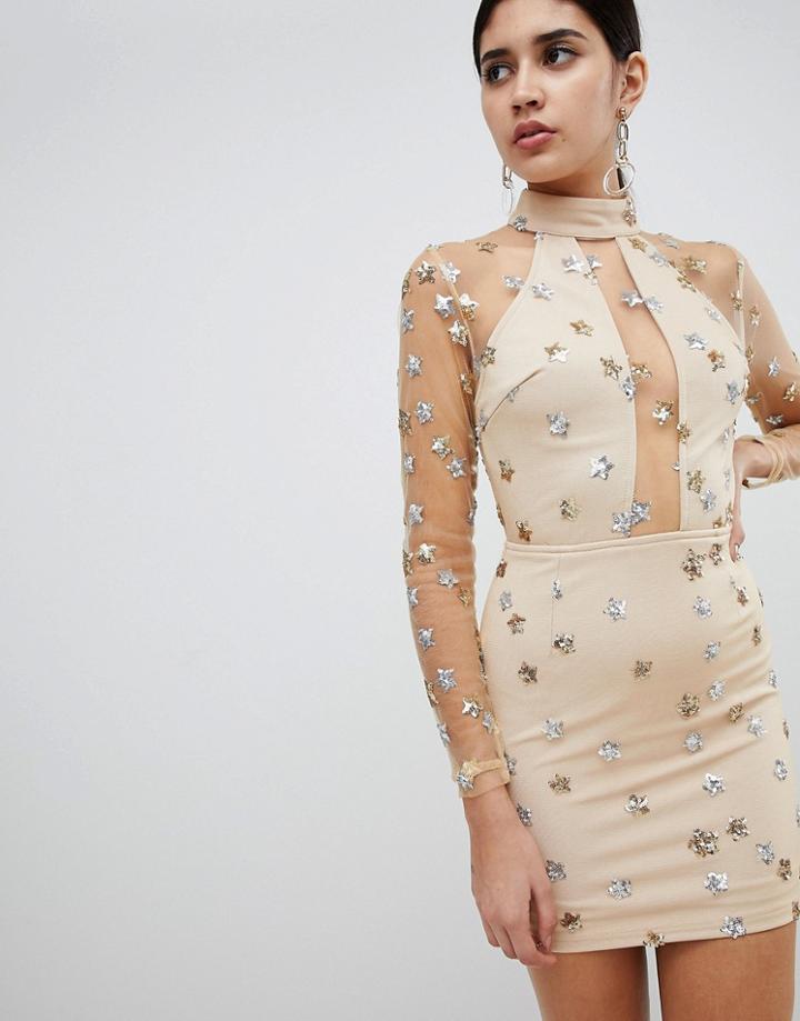 Rare Mesh And Sequin Star Mini Dress - Beige
