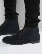 Asos Brogue Boots In Navy Suede With Tan Leather Trims - Navy