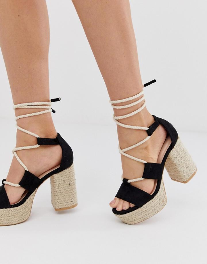 Lost Ink Lace Up Espadrille Platform Heeled Sandal In Black - Black
