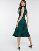 Closet High-neck Pleated Skirt Midi Dress In Forest Green