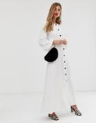 Asos Design Seamed Maxi Skater Dress With Contrast Buttons-white