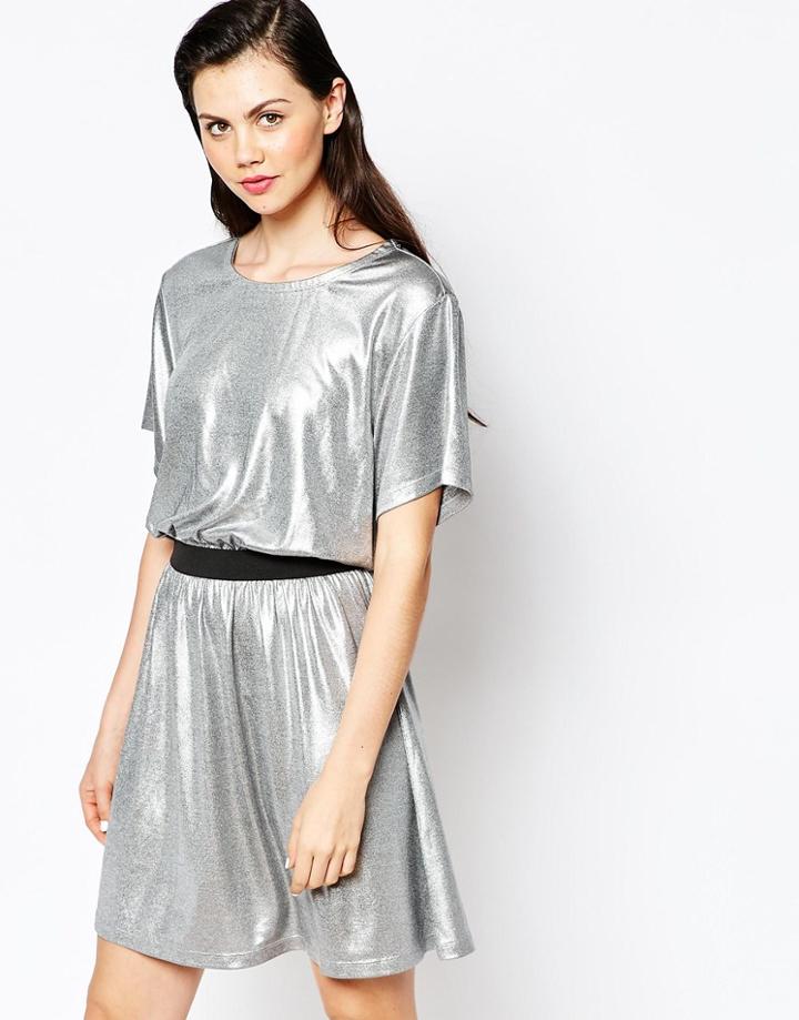 Monki Metallic Mini Skater Dress - Silver