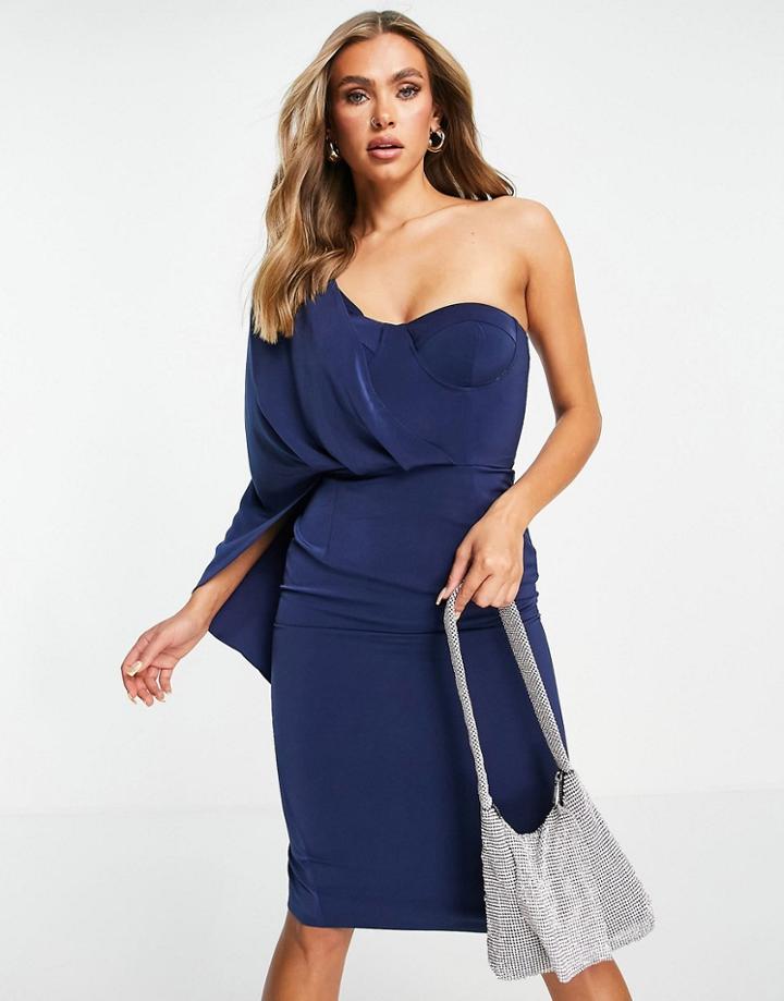Lavish Alice One Shoulder Cape Midi Dress In Navy