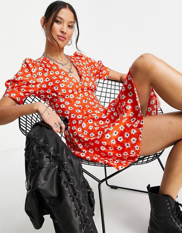Topshop Floral V Neck Swing Tea Dress In Red