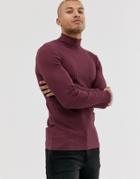 Asos Design Muscle Fit Long Sleeve Roll Neck T-shirt In Rib In Burgundy