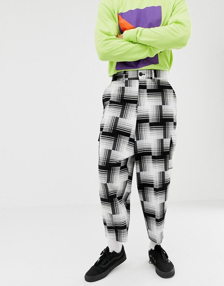 Asos Design Drop Crotch Tapered Smart Pants In Brushed White Check-gray