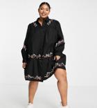 Asos Design Curve Embroidered Button Through Pephem Mini Shirt Dress In Black