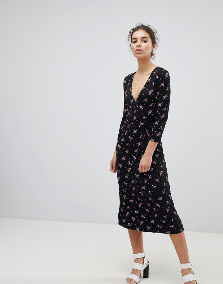 Miss Selfridge Wrap Front Ditsy Floral Print Midi Dress - Multi