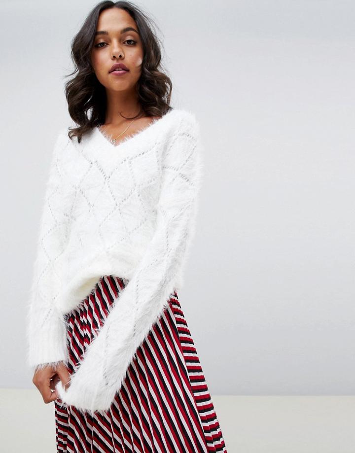 Asos Design Oversized Sweater In Fluffy Stitch - Cream
