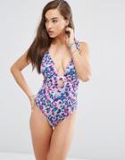 Asos Fuller Bust Bright Animal Print Plunge Swimsuit Dd-g - Bright Animal