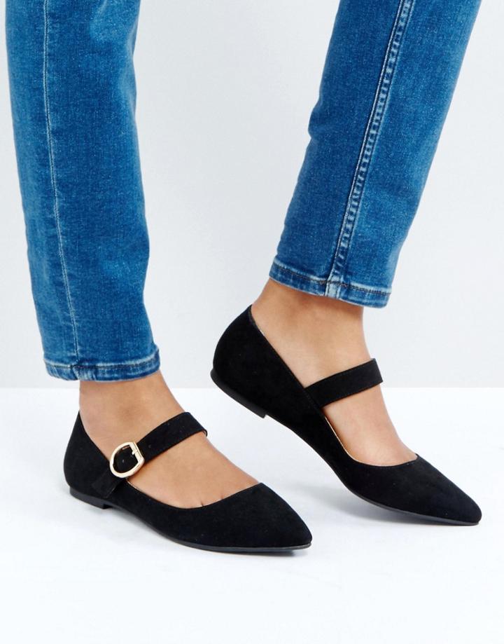 London Rebel Mary Jane Buckle Flat Shoe - Black