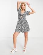 Miss Selfridge Twist Front Mini Tea Dress In Mono Retro Heart Print-black