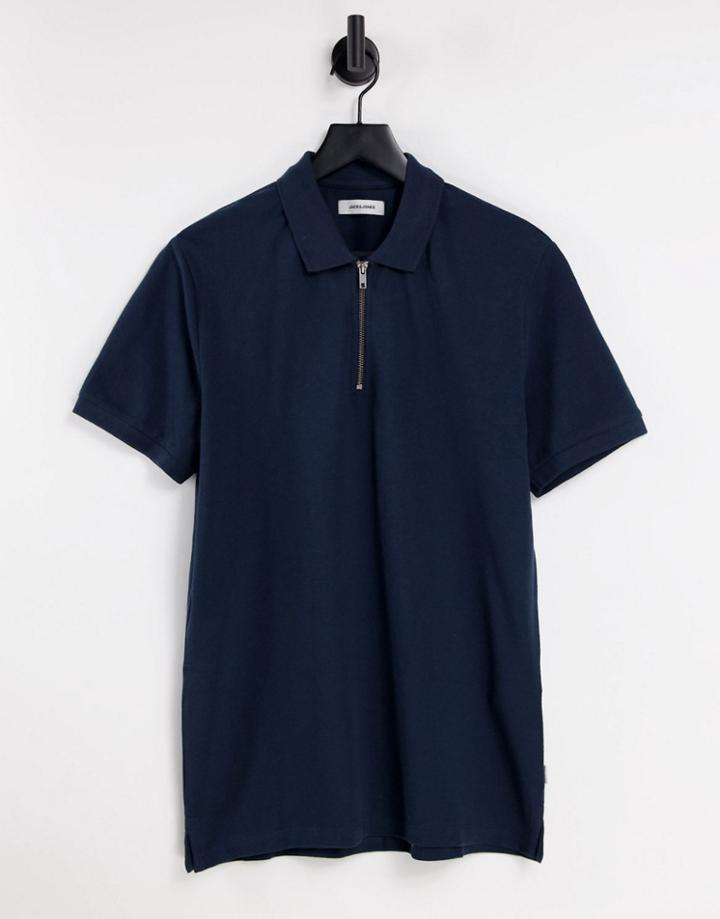 Jack & Jones Premium Quarter Zip Polo In Navy