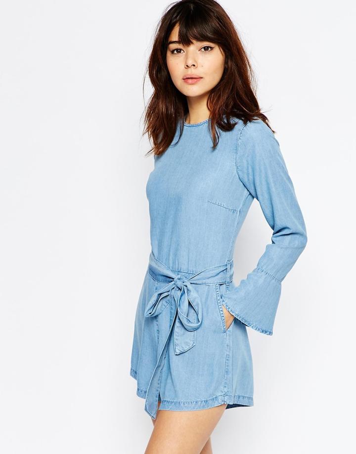 Asos Denim Frill Cuff Romper In Light Blue Wash - Lightwash Blue