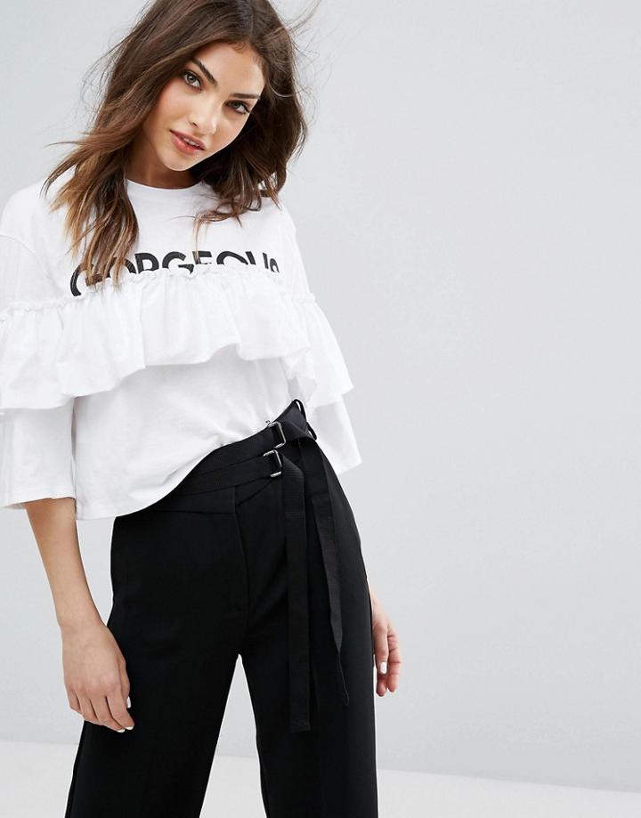 Mango Ruffle Gorgeous Slogan Top - White