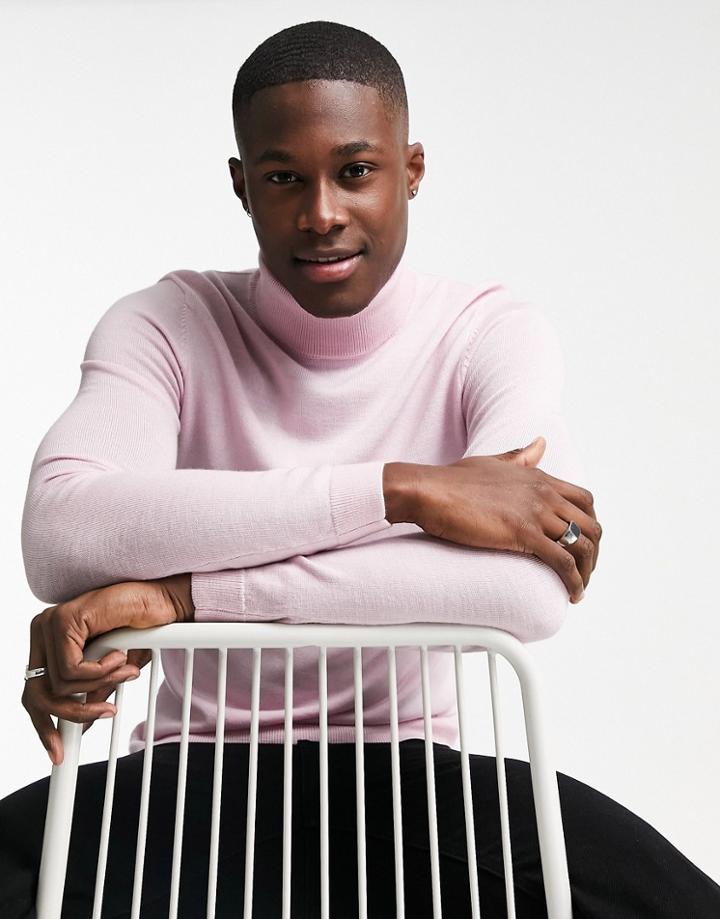 Asos Design Muscle Fit Merino Wool Roll Neck Sweater In Pink