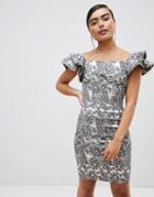 Vesper Paisley Frill Sleeve Midi Dress - Silver