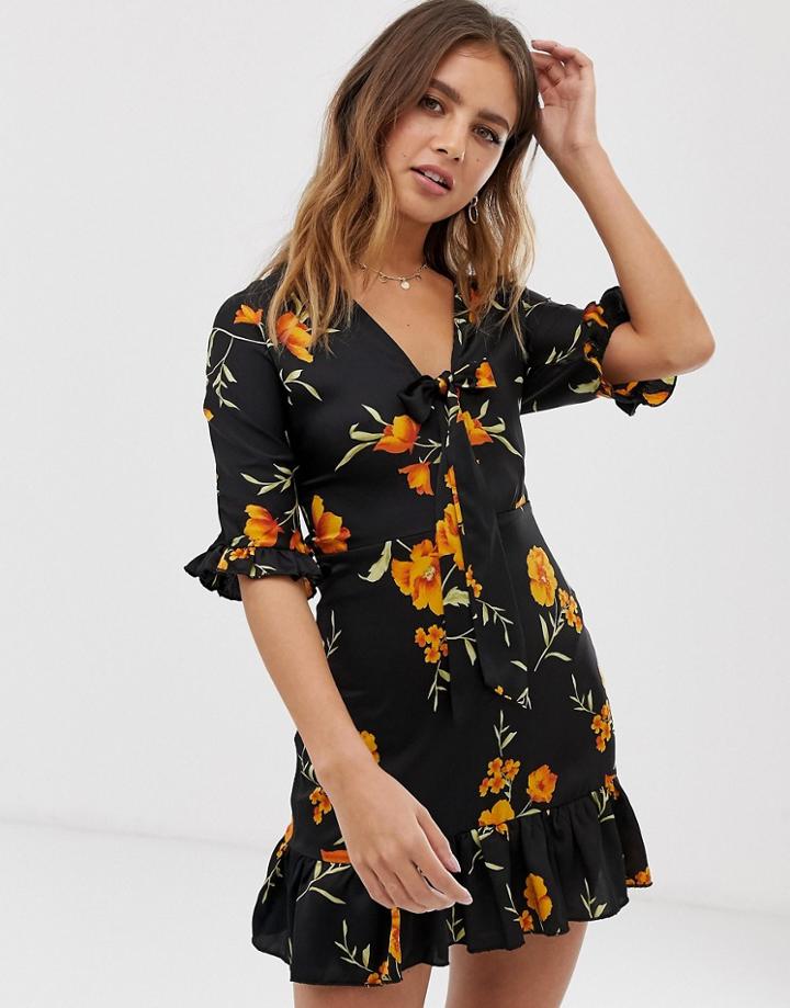 Parisian Tea Dress With Tie Front In Black Floral