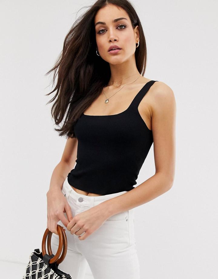Stradivarius Square Neck Knitted Cami In Black - Black