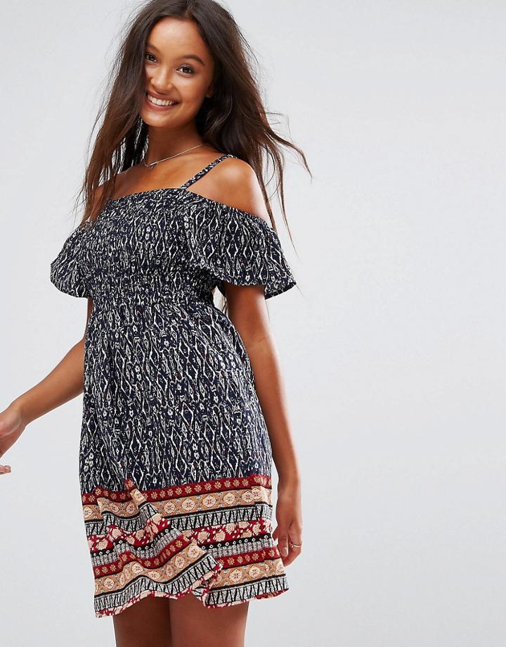 Qed London Cold Shoulder Shirring Dress - Navy