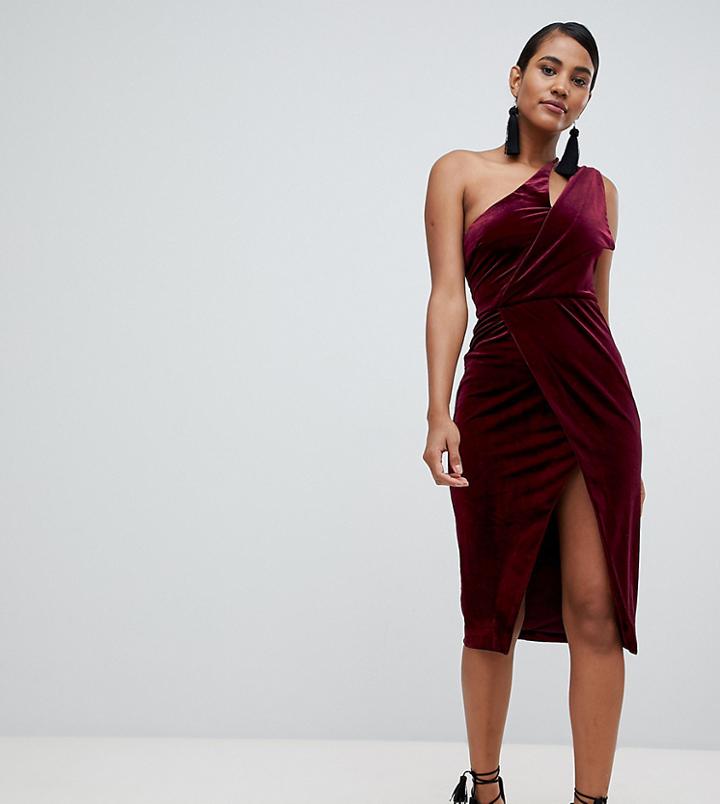 Lavish Alice Velvet One Shoulder Midi Wrap Dress In Burgundy - Red
