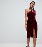 Lavish Alice Velvet One Shoulder Midi Wrap Dress In Burgundy - Red