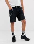Bershka Slim Denim Shorts With Abrasions In Black - Black