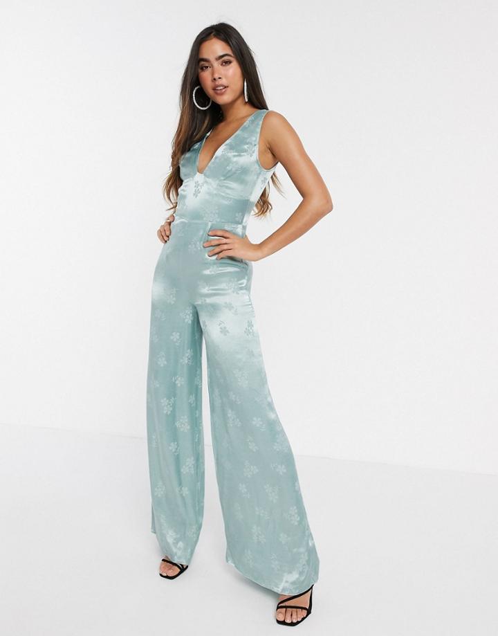 Asos Design Floral Jacquard Wide Leg Jumpsuit In Sage-multi