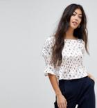 Fashion Union Petite Crop Top With Shirred Waist And Cuffs In Ditsy Floral Print - White