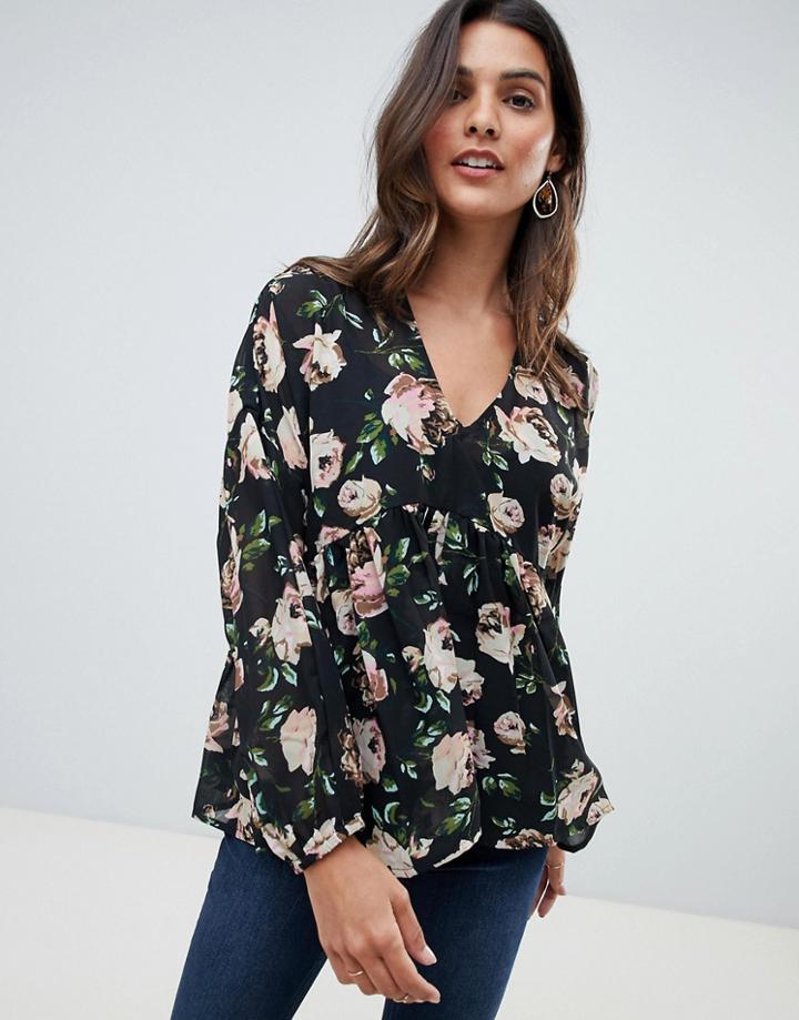 Asos Design V-neck Smock Top In Floral-multi