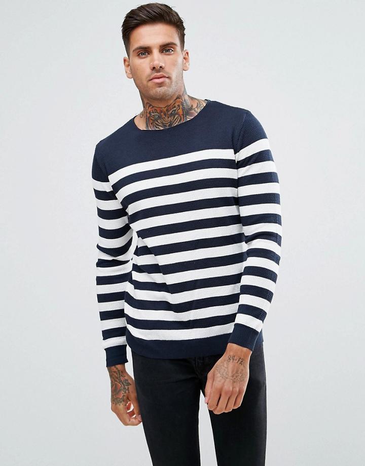 Pull & Bear Striped Sweater In Navy Blue - Blue