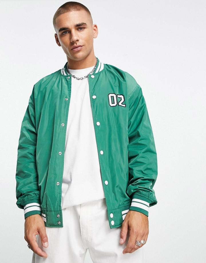 Bershka Varsity Bomber Jacket In Green-black