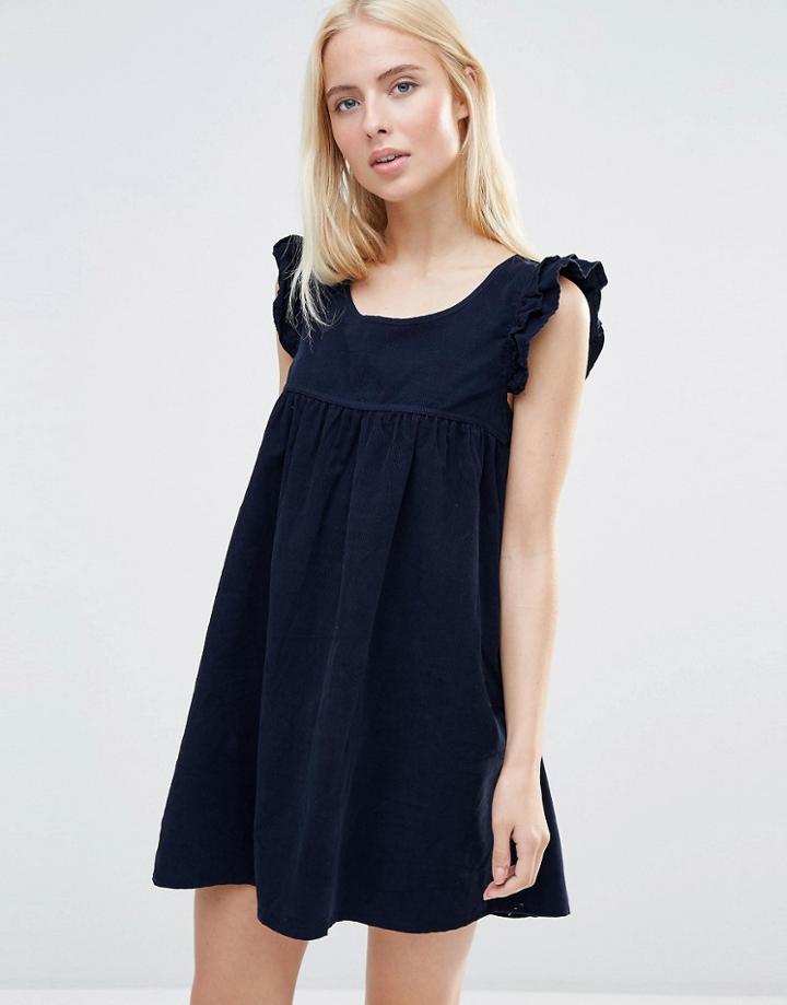 Qed London Corduroy Shift Dress With Frill Sleeve - Navy