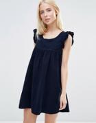 Qed London Corduroy Shift Dress With Frill Sleeve - Navy