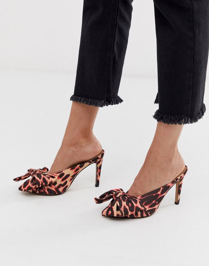 Asos Design Poppy Pointed High Heel Mules With Bow In Pink Leopard - Multi