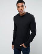 Asos Extreme Muscle Long Sleeve T-shirt In Chunky Rib In Black With Curved Hem - Black