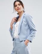 Asos Crop Tailored Blazer In Crepe With Collar Detail - Blue