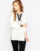 Asos Sweater Tunic With Side Splits And Lace Up Suedette Detail - Cream