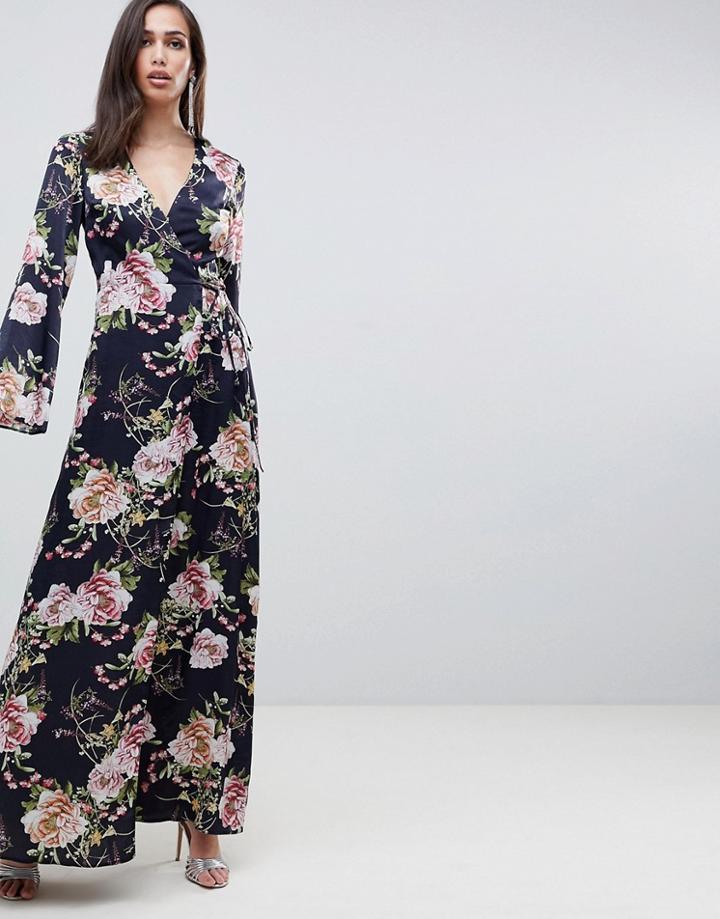 Asos Design Satin Wrap Maxi Dress In Navy Floral Print - Multi
