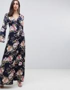 Asos Design Satin Wrap Maxi Dress In Navy Floral Print - Multi