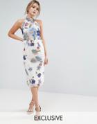 Hope & Ivy Floral Midi Dress With High Neck And Ruffle Waist - Multi
